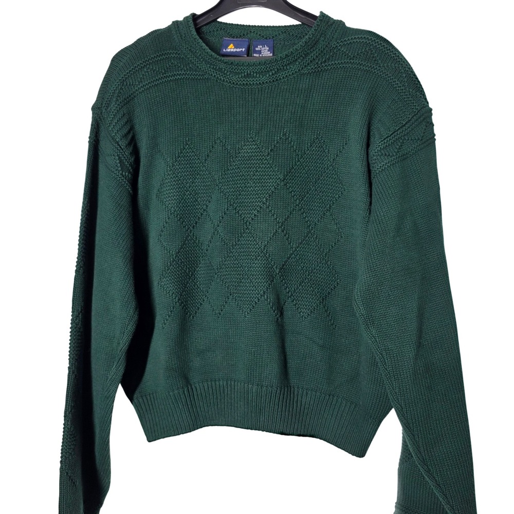 Lizsport Vintage Green Cotton Knit Diamond Pattern Crewneck Sweater Large